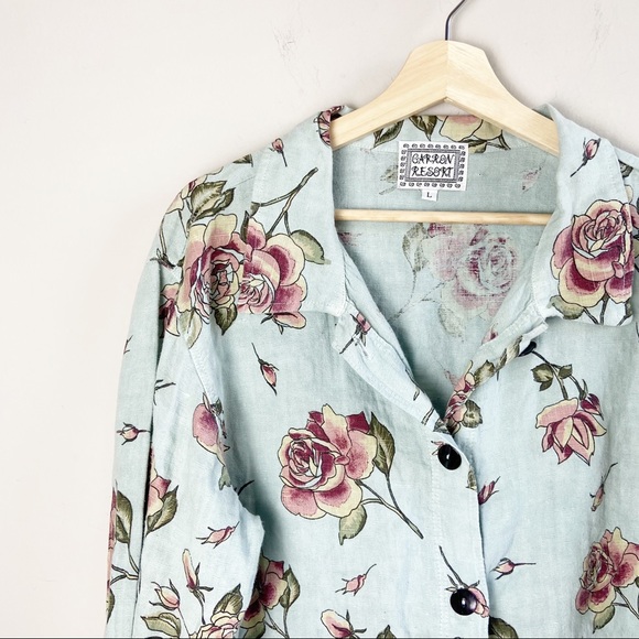 Vintage 90's Garron Resort Mint Floral Linen Button Down Blouse - Picture 3 of 5